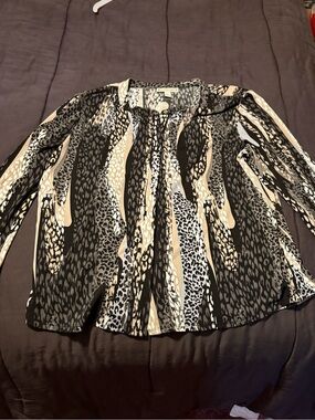 Dana Buchman Animal-Print Long Sleeve Blouse in Black and Beige